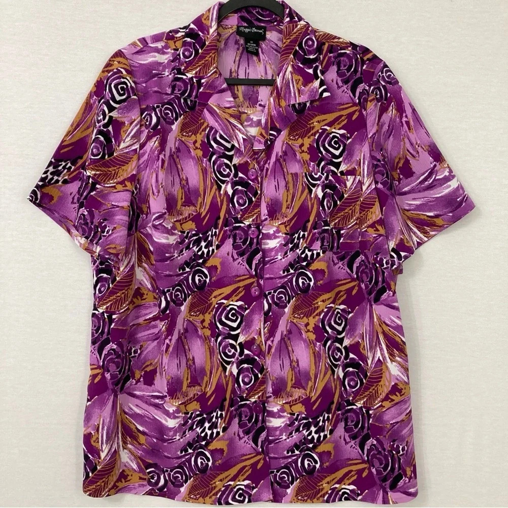 Maggie Barnes Purple Brown Abstract Print Short Sleeve Button Down size 1X